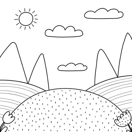 Black and white nature landscape with a green meadow, sun and mountainsのイラスト素材