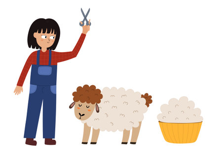 Girl shearing sheep set with cute farm characters. Farmer cutting the sheep wool printのイラスト素材