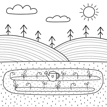 Black and white field landscape with a garden bed in cartoon style. Summer backgroundのイラスト素材