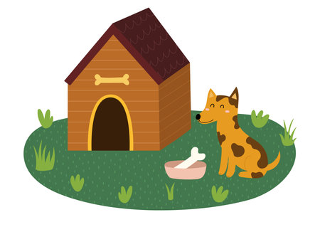 Cute little dog sitting near the kennel with a bowl and a bone insideのイラスト素材