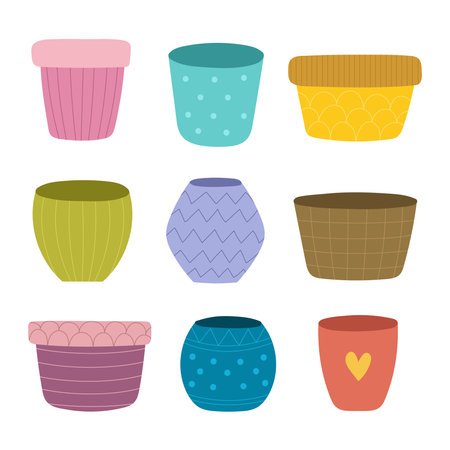 Doodle flower pots set. Colorful plant pots collection in cartoon style. Decoration elementsのイラスト素材