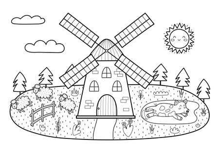 Black and white farm landscape in cartoon style with windmill, pig and sheepのイラスト素材