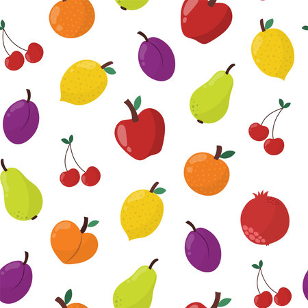 Fresh fruits seamless pattern in cartoon style. Healthy food doodle backgroundのイラスト素材