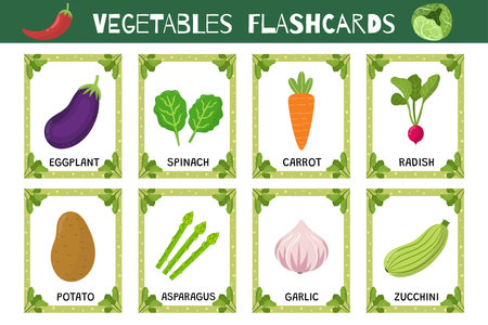 Vegetables flashcards set. Flash cards collection for practicing reading skills. Learn food vocabulary for school and preschool. Eggplant, spinach, carrot and more. Vectorのイラスト素材
