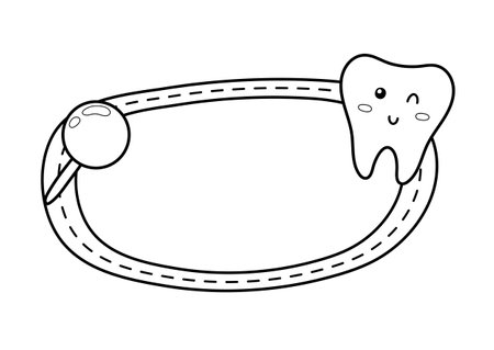 Black and white dental frame with a cute tooth character and a place for a text. Cute design for dentist day in cartoon style. Vector illustrationのイラスト素材