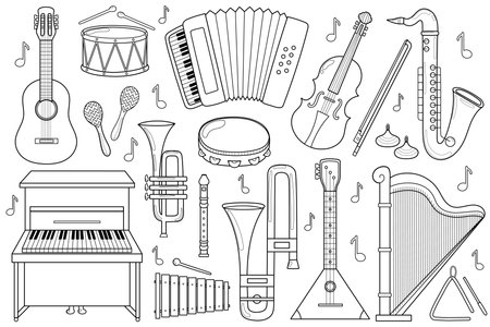 Musical instruments black and white set. Collection with doodle music elements in outline. Great for coloring page. Vector illustrationのイラスト素材