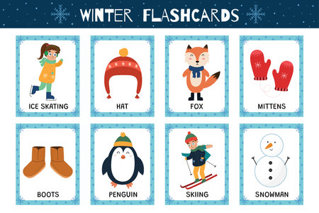 Winter flashcards collection for kids. Flash cards set with cute characters for school and preschool. Learning to read activity for children. Vector illustrationのイラスト素材