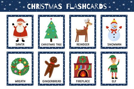 Christmas flashcards collection for kids. Flash cards set with cute winter characters for school and preschool. Learning to read activity for children. Vector illustrationのイラスト素材