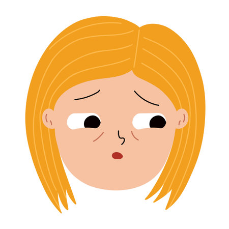 Tired girl face. Little kid emotion. Close up portrait of sleepy character. Vector illustrationのイラスト素材