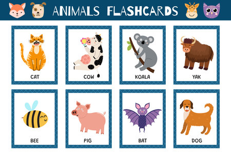 Animals flashcards collection for kids. Flash cards set with cute characters for practicing reading skills. Cat, dog, cow, bee and more. Vector illustrationのイラスト素材