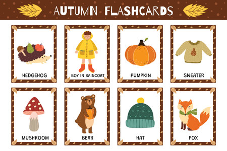 Autumn flashcards collection for kids. Flash cards set with cute characters for school and preschool. Learning to read activity for children. Vector illustrationのイラスト素材