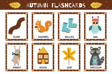 Autumn flashcards collection for kids. Flash cards set with cute characters for school and preschool. Learning to read activity for children. Vector illustrationのイラスト素材