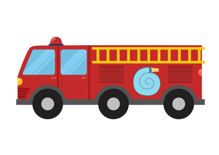 Fire engine in cartoon style for kids. Red rescue truck isolated on white background. Doodle...