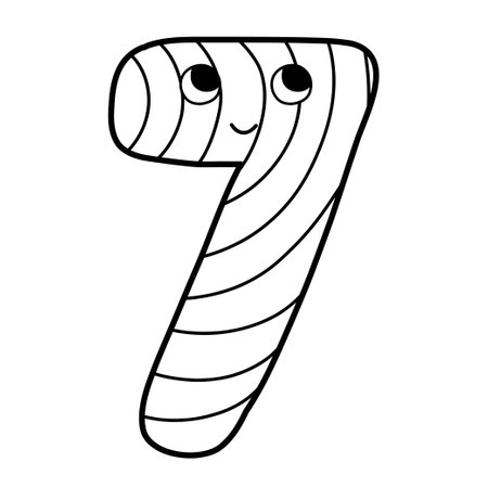 Cute number seven black and white character for kids. Leaning numbers for preschool. Doodle number 7 in outline for coloring. Vector illustrationのイラスト素材