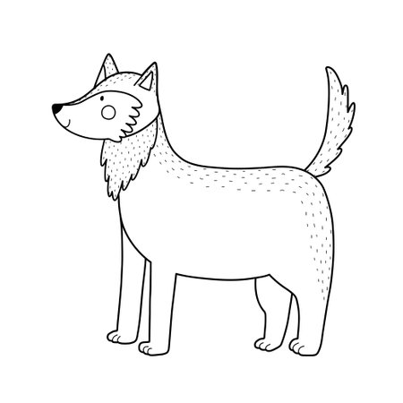 Cute black and white wolf in a standing position. Forest character in outline for kids design. Woodland animal isolated element. Vector illustrationのイラスト素材