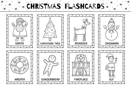 Christmas flashcards black and white collection for kids. Flash cards set with cute winter characters in outline for coloring. Learning to read activity for children. Vector illustのイラスト素材