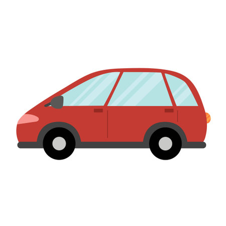 Red car in cartoon style isolated on white background. Cute vehicle flat design. Doodle transport for prints and logos. Vector illustrationのイラスト素材