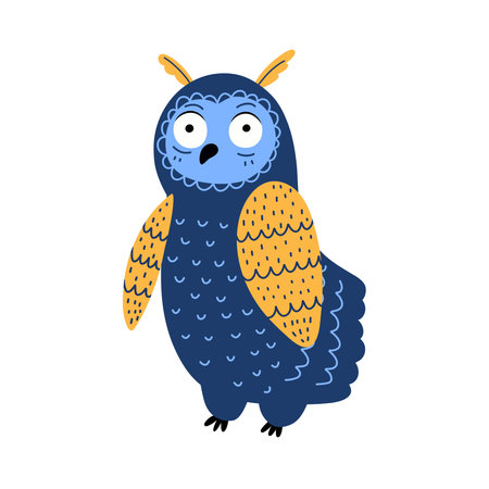 Cute owl character in cartoon style. Funny bird isolated on white background. Doodle owl print for kids and nursery design. Vector illustrationのイラスト素材