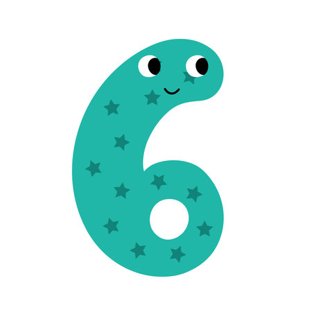 Cute number six character for kids. Leaning numbers for preschool. Doodle number 6 in cartoon style. Vector illustrationのイラスト素材