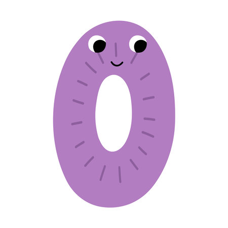 Cute number zero character for kids. Leaning numbers for preschool. Doodle number 0 in cartoon style. Vector illustrationのイラスト素材
