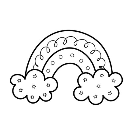 Cute hand drawn rainbow coloring page. Black and white rainbow with clouds isolated on white. Create for coloring page or prints. Vector illustrationのイラスト素材
