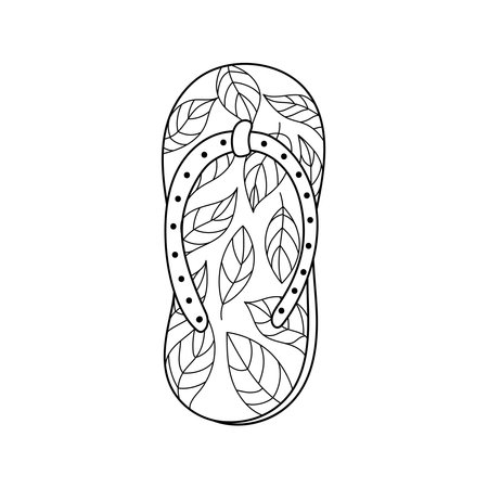 Hand drawn flip flop shoe in outline with leaves pattern. Summer slipper coloring page. Vector illustrationのイラスト素材