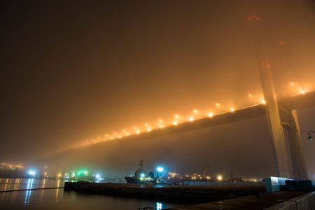 nightclub city in the mist, a bridge across the Bayの写真素材
