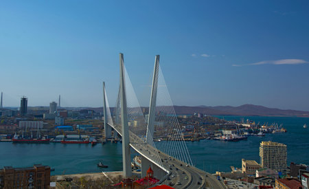Marine City high bridge across the Bay, the sunny weather and beautiful Vladivostok