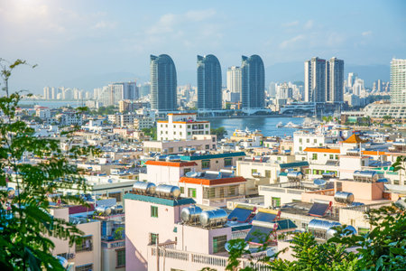 panorama of the city of Sanya, a view of the city in the highest point, the island of the Phoenix....