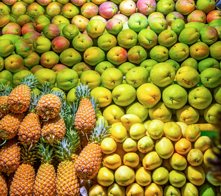 Mango, pineapple and tropical fruits are sold at the counter. tropicsの写真素材