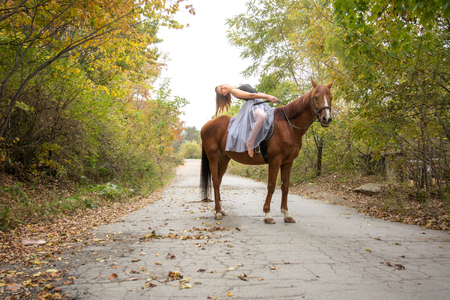 a young, blonde girl posing with a horse, a beautiful girl and a strong horse. in the forestの写真素材