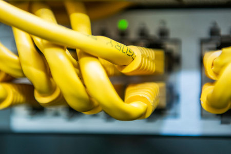 technology and communication, service cabinets with connected wires, cords. development technologies