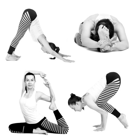 young girl practices yoga, white background, many different poses in one. isolateの写真素材