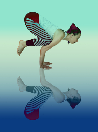 young girl performs different poses of yoga, flexible beautiful model on a white background. meditation and asanas. the harmony of body and spiritの写真素材