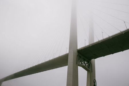 a beautiful bridge over the sea disappears in the fog. the bridge dissolves into the sky.の写真素材