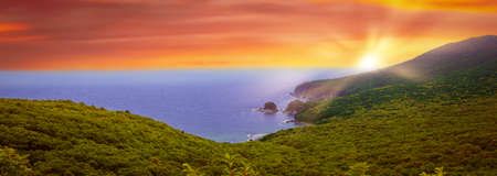 beautiful view of the sea, rocks and hanging trees, beautiful sky. beautiful view of nature.の写真素材