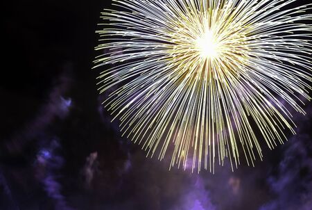 Veriety colorful fireworks on the night sky background. One flash of yellow saluteの写真素材