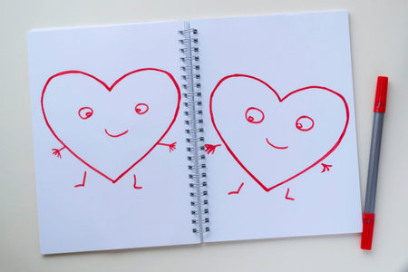 Drawn by a red felt-tip pen on a white sheet in a notebook. Happy hearts with arms, legs and eyes.