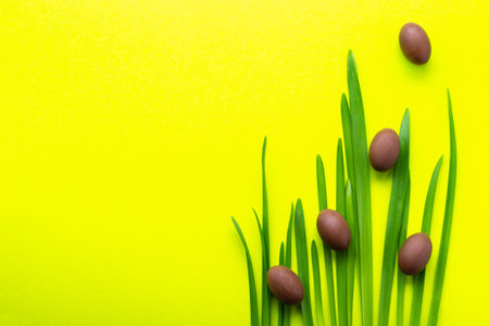 Five little chocolate eggs on the green grass. Easter eggs on a yellow background. The concept of a...