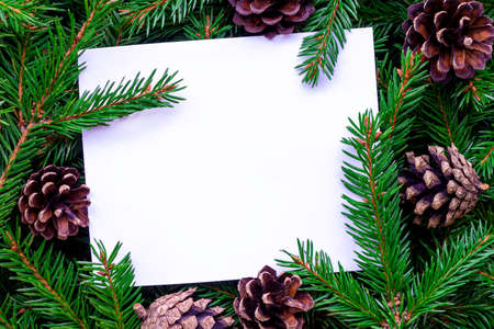 White blank sheet of paper lies on a background of green Christmas tree branches. Frame made of fir branches and pine cones. New Year and Christmas concept. Flat lay, top view, cope space.の写真素材