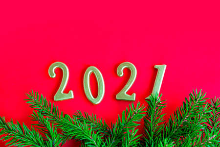 Green Christmas tree branch solid red background and gold number 2021. New Year and Christmas holiday concept. Flat lay, copy space.の写真素材