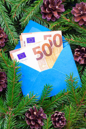 Vertical photo. A 50 euro banknotes in a blue envelope against the background of Christmas tree branches. Concepts of expensive gifts for the New Year.の写真素材