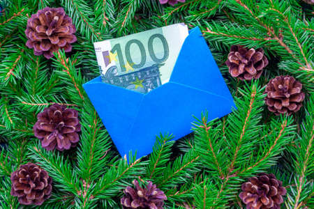 A banknote of 100 euros in a blue envelope against the background of Christmas tree branches. Concepts of expensive gifts for the New Year.の写真素材