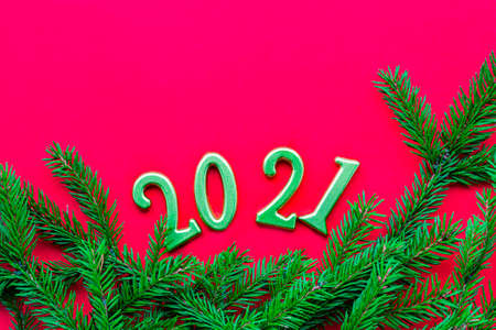Golden numbers 2021 and green Christmas tree branch solid red background. New Year and Christmas holiday concept. Flat lay, copy space.の写真素材