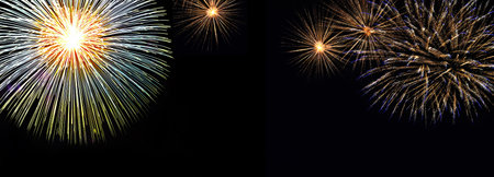 Many flashes of colorful salute. Yellow, white, blue, gold fireworks against the night sky. Extra wide banner with copy space.の写真素材