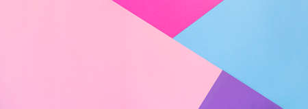 Banner with pink, purple, violet and light blue paper background. Geometric figures, shapes, lines. Multicolor abstract flat lay. Back to school concept. Copy space, top view.の写真素材
