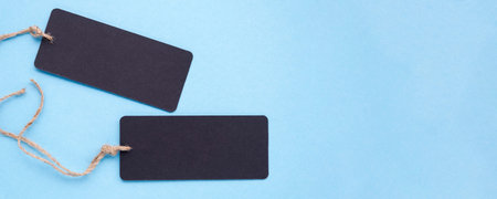 Blank black paper price tags or gift tags on string. Labels on light blue background. Banner, copy...