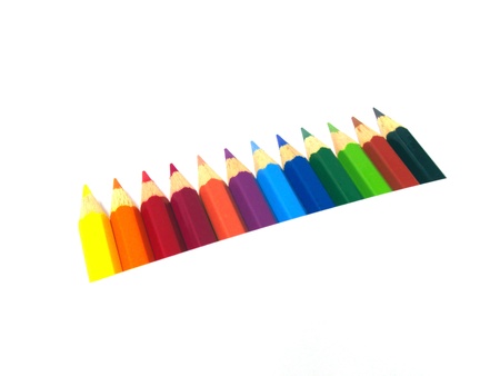 closeup row of colour pencils in many colourの写真素材
