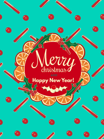 Merry christmas vector illustration for holiday design, party poster, greeting card or invitation. Holiday background with cinnamon and orangeのイラスト素材