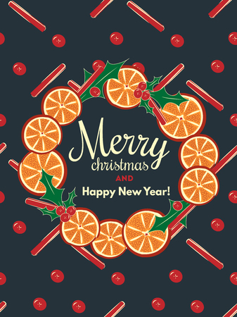 Merry christmas vector illustration for holiday design, party poster, greeting card or invitation. Holiday background with cinnamon and orangeのイラスト素材